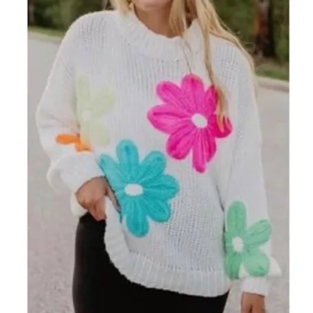 Katydid boutique Womens Oversized White Knit Sweater Multi-Color Floral XL